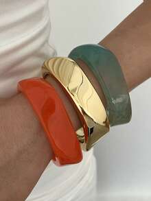 3/1pc Vintage Minimalist Casual Style Women's Asymmetrical Geometric Shape Gold CCB And Multicolor Acrylic Bracelets, Suitable For Daily Wear And Summer Beach Vacation, Can Be Layered, Perfect Gift Choice For Holidays - Multicolor - View 6