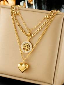 RAYQUEEN Stainless Steel Tree Of Life Heart Pendant 3-Layer Necklace And Rhinestone Bracelet Jewelry Set For Women, Suitable For Holiday Gifts - Gold - View 2