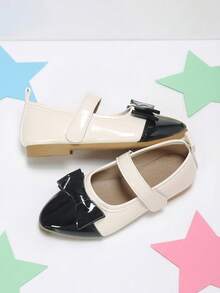 Girls' Black & Beige Colorblock Bow Hook & Loop Soft Versatile Shoes, Suitable For Outings And School Life - Beige - View 6