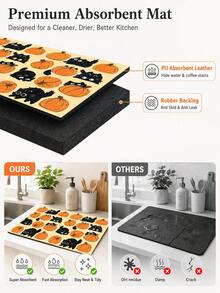 1pc Cat & Pumpkin Pattern Diatom Mud Kitchen Dish Drying Mat, Halloween, Can Be Used As Halloween Gift, Halloween Decoration, Absorbent Dish Drying Mat, Coffee Machine Mat, Dishwashing Mat, Sink Mat, Kitchen Countertop Protector, Suitable For Cups, Plates, Tableware And Kitchen Decor - Multicolor - View 8