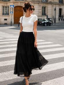 LuminousWealth Women's Elegant Pleated Maxi Skirt - Solid Color High Waist, Flowing Design, Suitable For All Seasons, High Waist Skirt Black Spring - Black - View 2