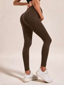 Maternity Seamless Solid Color High Waist Ribbed Waist Yoga Pants Leggings, Basic Slim Fit Sports Long Pants - Brown - View 5