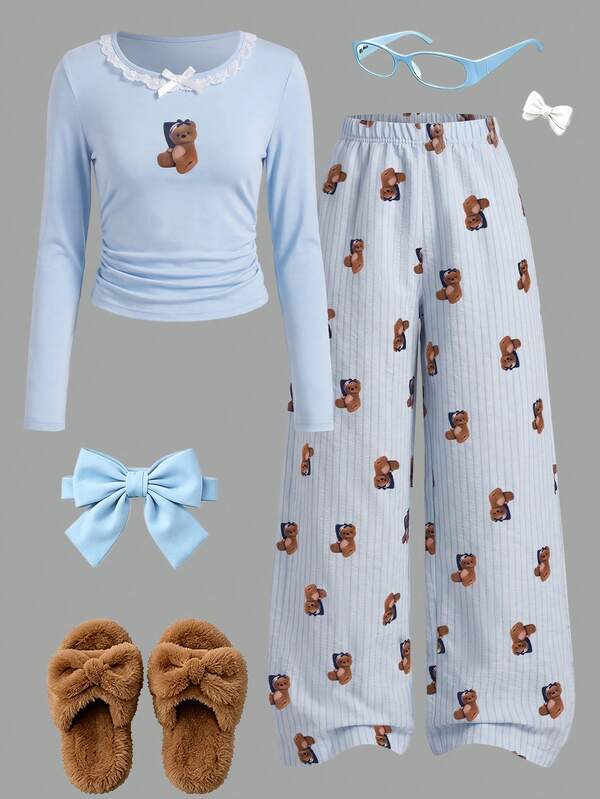 Autumn/Winter Girls' Blue Teddy Bear Printed Long Sleeve+Fully Printed Teddy Bear Striped Long Pants Sleepwear 2 Pieces Set,Girls' Home Wear,Soft Fabric