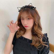 2PCS Halloween Cartoon Lace Cat Ear Headband Cute Sexy Hollow Rabbit Ear Women's Hair Clip Bell Headband - Multicolor - View 3