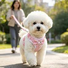 1 Set Cute Pet Harness & Leash Set, Pink Plaid Pet Harness & Leash Set With Gemstone Bowknot Decoration, Suitable For Cats And Dogs, Escape-Proof Pet Harness & Leash Set - Pink - View 7