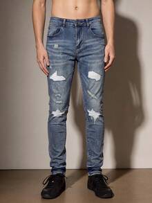 Men's Light Blue Distressed Ripped Stretch Slim Fit Jeans, Multi-Ripped Frayed Distressed Knee Stretch Slim Fit Skinny Denim Pants, All-Season Versatile Streetwear Jeans - Blue - View 5
