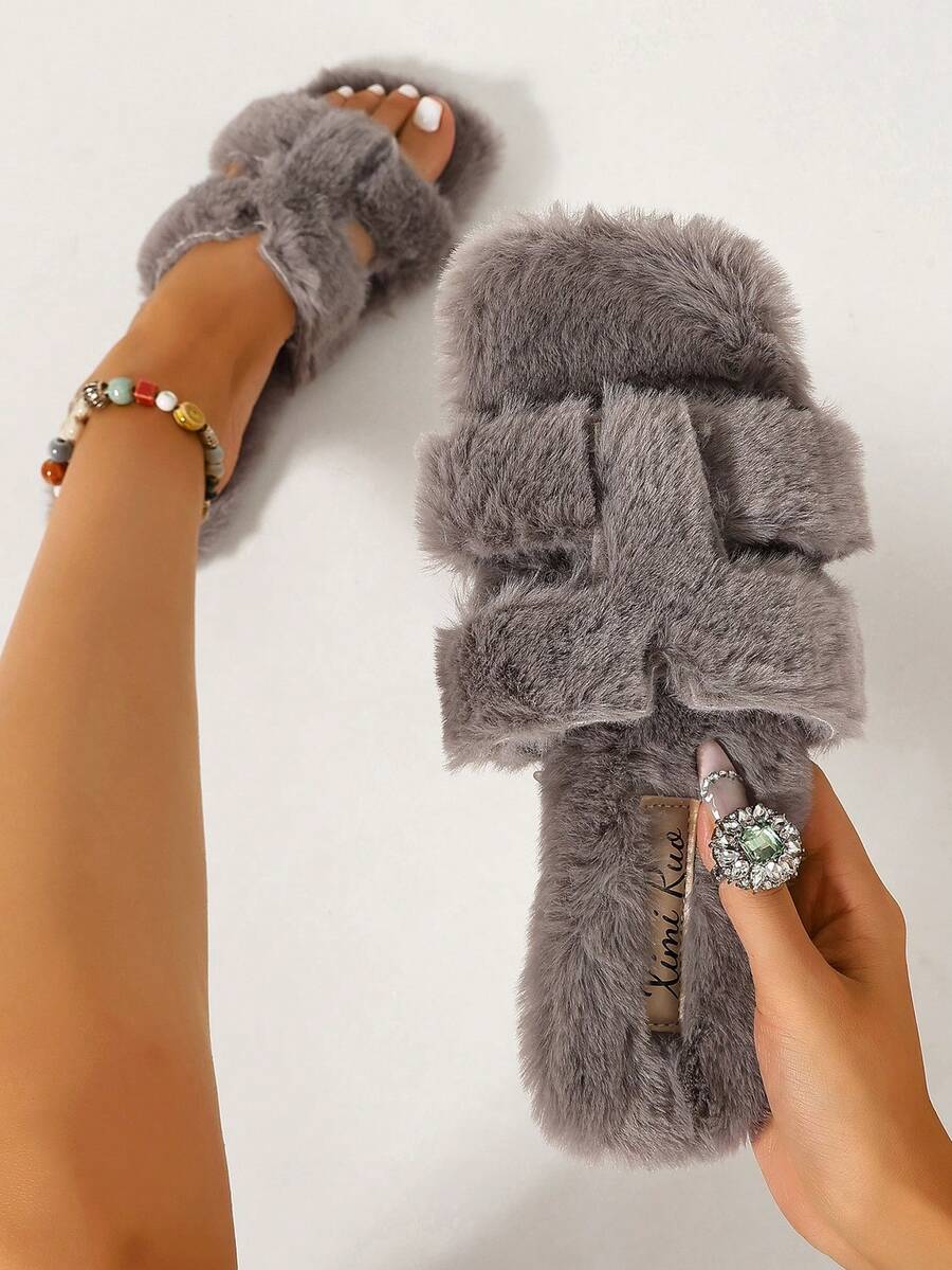 Ximi Ruo Women's Solid Color Flat Fuzzy Slippers, Casual Vacation Beach Home Indoor Outdoor Wear, Autumn Winter Warm Plush Lining, Simple Fashion Slouchy Slip-On Shoes, Soft Lightweight Versatile Daily Commute Indoor Outdoor Street Wear, Comfortable Flat Casual Travel Outfit Shoes, Fleece Lined Dual-Use Slippers - Grey - View 1