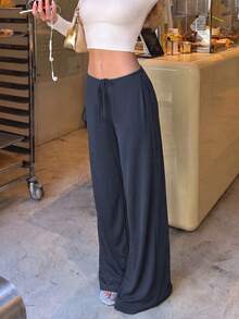 Women's Knitted Straight Leg Pants, Medium Stretch, With Faux Drawstring, Fashion Long Pants - Dark Wash - View 7