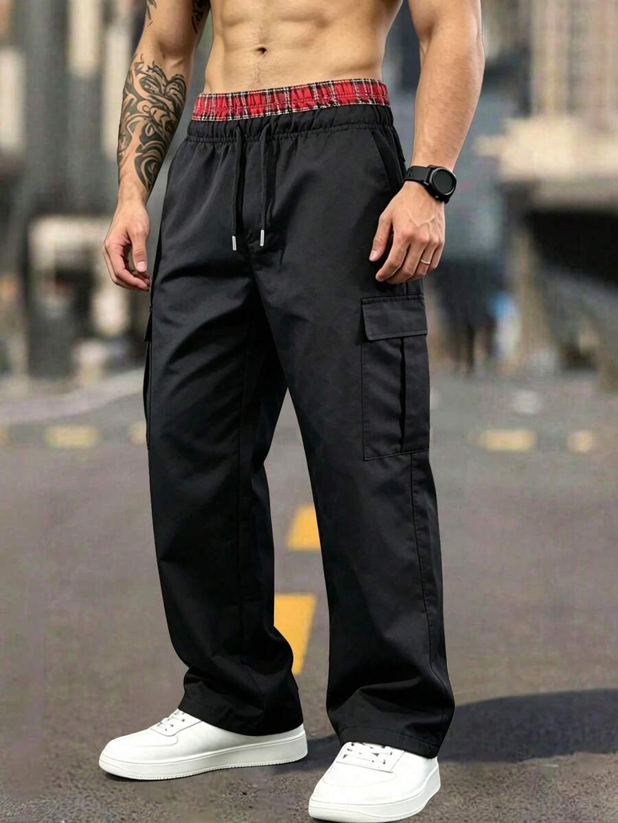 Men's Spring/Autumn Multi-Pocket Cargo Straight Leg Pants, Solid Color Loose Fit, Versatile For Fitness, Commuting And Sports - Black - View 1
