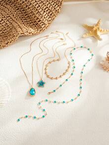 4pcs/Set Bohemian Floral Necklace, Heavy-Duty Multi-Layer Y-Shaped Chain, Beach Vacation Atmosphere Neck Accessory, Suitable For Seaside Holiday, Beach Travel, Daily Hot Girl Outfit, Dating - Gold - View 2