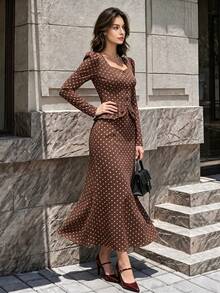 Women's Autumn Polka Dot Midi Dress, Square Neck Long Sleeve Ruffle Waist Mermaid Hem Dress - Brown - View 1