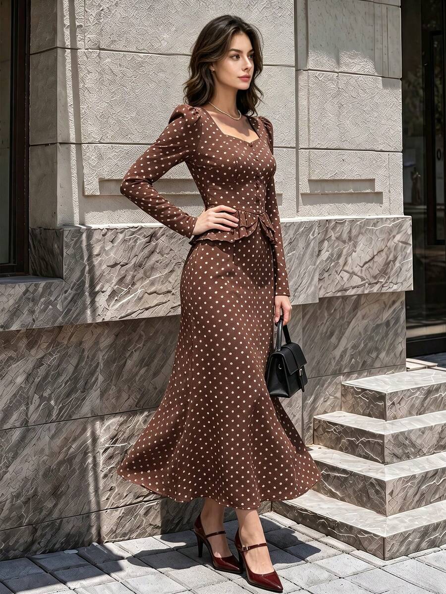 Women's Autumn Polka Dot Midi Dress, Square Neck Long Sleeve Ruffle Waist Mermaid Hem Dress - Brown - View 1