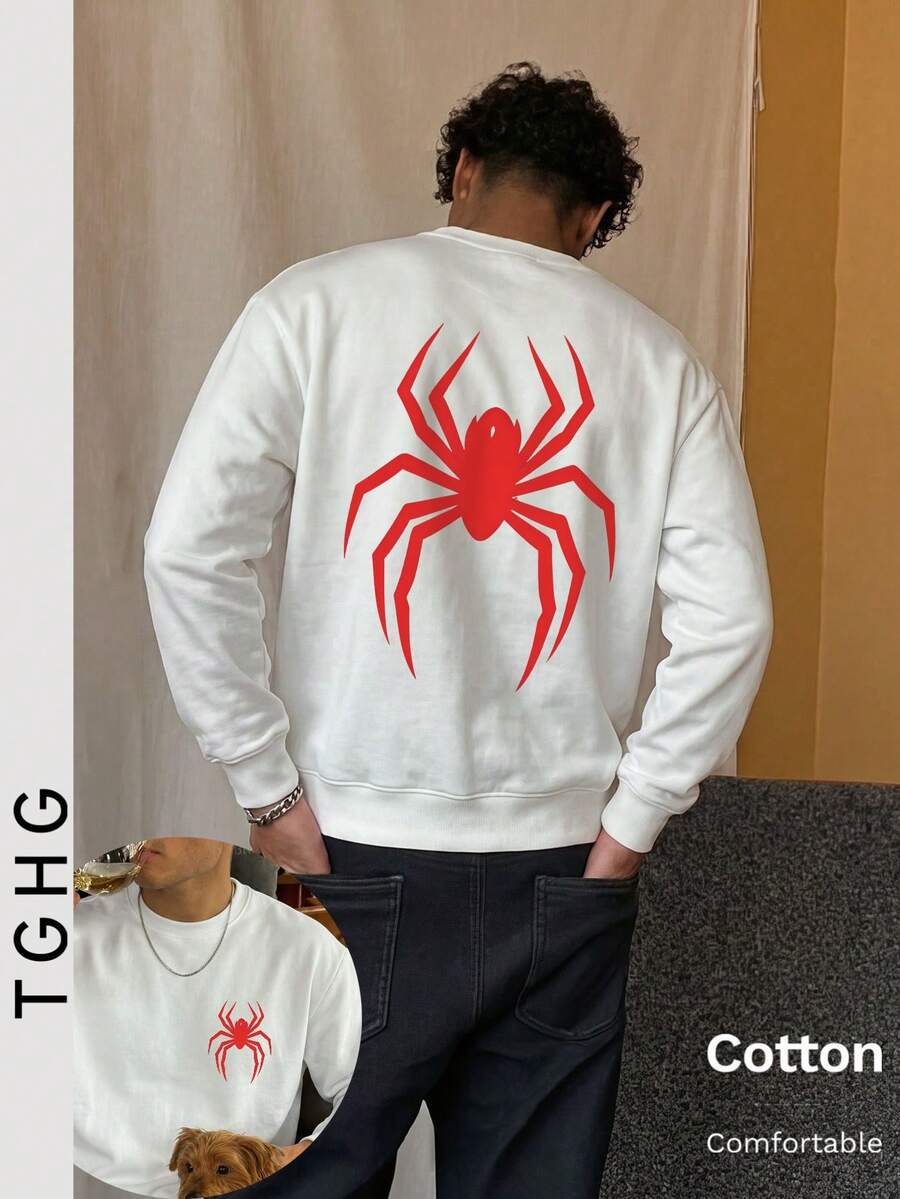Men's Autumn Crew Neck Lightweight T-Shirt T-Shirt, Red Spider Pattern, Long Sleeve, Y2K Style - White - View 1