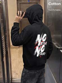 Autumn Men's Black Hoodie With Back Print "NO RISK NO STORY" Long Sleeve Y2K - Black - View 3