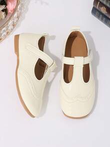 1 Pair Beige Girls' Slip-On Shoes, Non-Slip Flat Sole, Fashionable Minimalist Shiny Solid Color Elegant Campus Shoes, PU Material, Hook And Loop Closure, Round Toe Design, Suitable For Campus, All Seasons, Daily Wear And Formal Occasions - Beige - View 2
