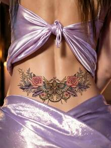 1pc Waterproof Butterfly Rose Tattoo Sticker, 32*19cm, Colorful Mandala Flower Chain Print Temporary Tattoo, Cool Pattern, Waterproof Non-Reflective, Easy To Use, Suitable For Women's Back, Chest And Other Areas, Lasts 3-7 Days, Essential For Parties And Music Festivals - Black - View 4