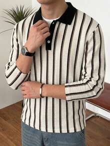 Men's Vintage Colorblock Vertical Striped Polo Collar Long Sleeve Top, Loose Textured Casual Turn-Down Collar T-Shirt - Multicolor - View 5