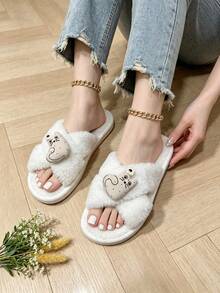 Women's Fleece Slippers - Cute Cartoon Cat Cross-Band Open-Toe Style, Plush Soft And Comfortable For All Seasons Indoor Home Slippers - Style B-white - View 4