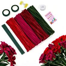 574 Pcs Red Pipe Cleaners Craft Set, 4 Assorted Color Pipe Cleaners Bulk,400Pcs Chenille Stems For DIY Flower Making Kit With 20Pcs Floral Stems, 2Pcs Gardening Tape, 150Pcs Stamen, 1Pc Ribbon,1Pc Tutorial For DIY Bouquet Gift - Red - View 2