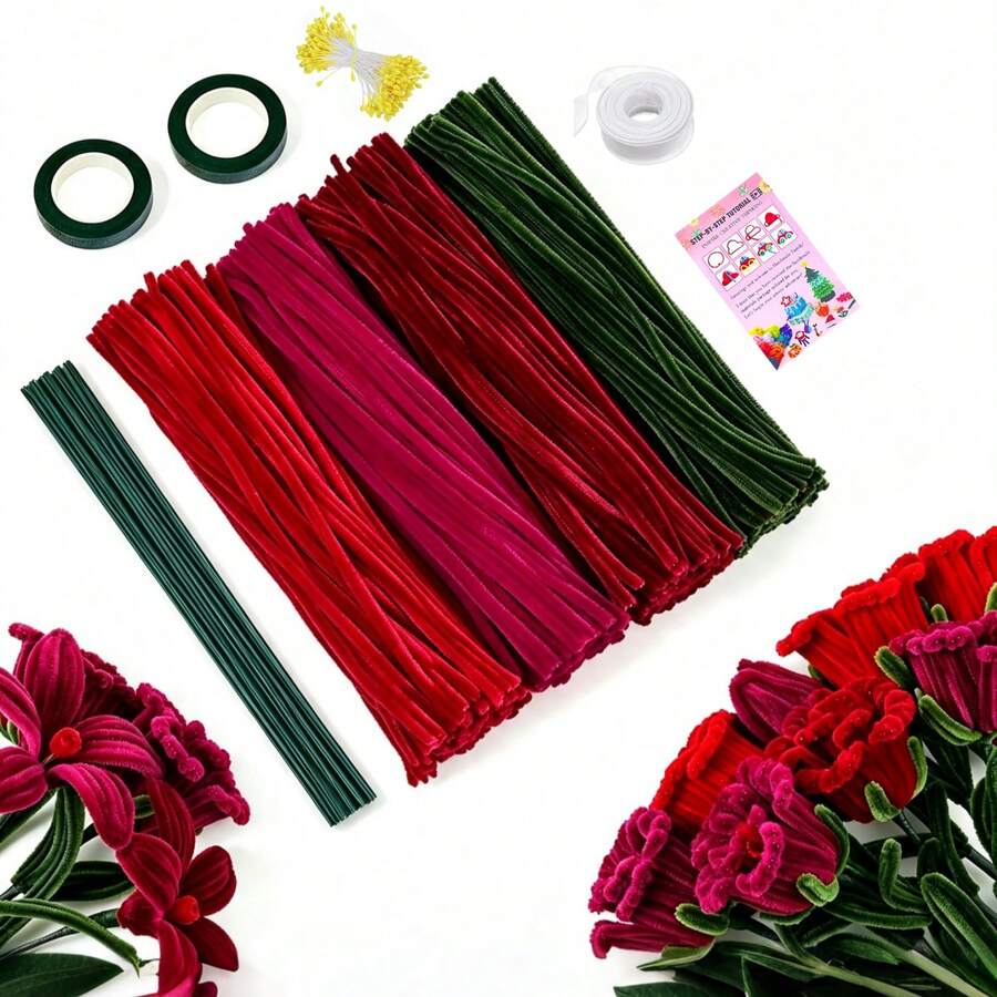 574 Pcs Red Pipe Cleaners Craft Set, 4 Assorted Color Pipe Cleaners Bulk,400Pcs Chenille Stems For DIY Flower Making Kit With 20Pcs Floral Stems, 2Pcs Gardening Tape, 150Pcs Stamen, 1Pc Ribbon,1Pc Tutorial For DIY Bouquet Gift