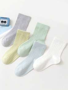 5 Pairs Kids Socks, Solid Color Minimalist Style, Boys Girls Baby Toddler Big Kids, Japanese Versatile Mid-Calf Socks - Multicolor - View 3