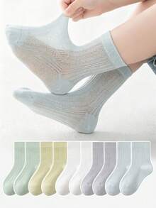 5 Pairs Kids Socks, Solid Color Minimalist Style, Boys Girls Baby Toddler Big Kids, Japanese Versatile Mid-Calf Socks - Multicolor - View 4