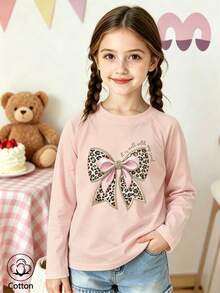 Girls Cotton Twill Long-Sleeved T-Shirt, Autumn/Winter Style, With Leopard-Print Bow Design, In A Cute And Sweet Preppy Style - Pink - View 1