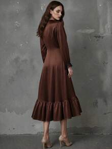 Women Elegant Satin Midi Dress, V-Neck Black Lace Trim Lantern Long Sleeve Button Front Ruffle Hem Formal Party Dress - Brown - View 3