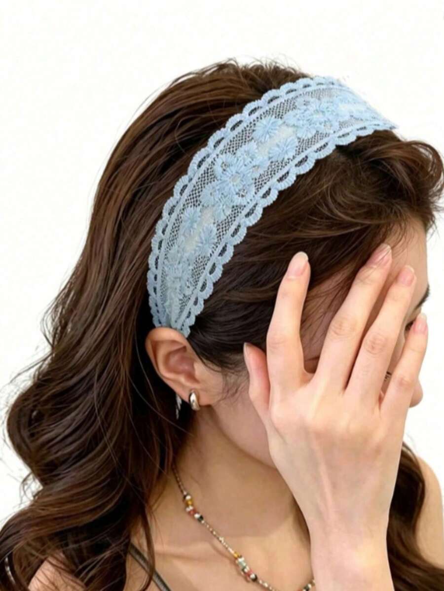 1 Light Blue Headband Hair Accessory, Lace Small Fresh Pastoral Style Headband Daily Versatile Photography Headband Hair Accessory - Baby Blue - View 1