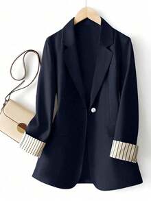 Women's Plus Size Blazer, Striped Cuffs, Business Casual Style - Navy Blue - View 2