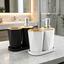 3 Piecesminimalist Black And White Geometric Bathroom Accessory Set, Bamboo Decorative Soap Dispenser, Toothbrush Cup With Trays, Modern Dressing Tables, Countertops, Home Bathroom Decorations - Multicolor - View 5
