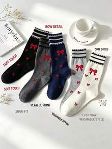 5 Pairs Japanese Style Red Bow Mid-Calf Socks For Women, Lace Trim Striped Socks, Sweet Girl Style Versatile Slouch Socks - Multicolor - View 11