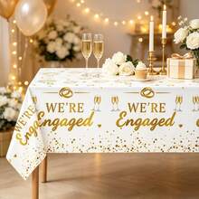 Disposable Plastic Table Cover 1/3‑Pack, White Tablecloth With Gold We're Engaged Slogan, Rings, Fireworks And Glitter Confetti Pattern, Table Decor For Engagement Party, Bridal Shower, Wedding Reception And Holiday Celebration Decorations, 108*54' - Proposal Tablecloth - View 7