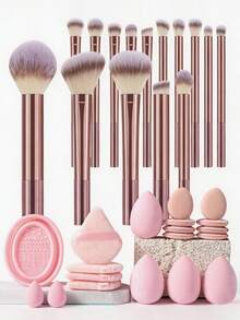 34Pcs/19pcs Pink Makeup Brush Set Eyeshadow Brushes Cosmetic Sponges Triangle Powder Puffs Finger Puffs Brush Cleaner Bowl Complete Makeup Tool Kit For Beginners - Pink - View 1