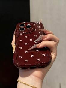 Bowknot Painted Flat Print Burgundy Cream Pattern Soft Shell Compatible With IP17/IP17PROMAX/IPhone16/IPhone16Pro/IPhone16ProMax/IPhone15/XR/7P8P/P12ProMax/P13ProMax/P14ProMax/P13/P14/P11/P12/P14 Women Soft Anti-Drop XS/S/XSMax/78GES2/Cute Fashion Thick Phone Case Protective Cover - Multicolor - View 2