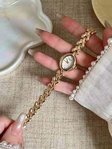 1pc Exquisite White Oval Small Dial Unique Gold Strap Thin Bracelet Vintage Style, Suitable For Women's Daily Wear - Gold - View 2
