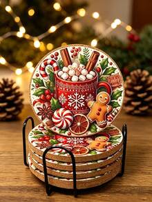 12/6pcs Set Christmas Gingerbread Man Theme Wooden Coaster Set - Christmas Gingerbread Man Design, Perfect For Home, Office, Cafe Or Tea Room Decoration And Holiday Table Setting | Holiday Coasters | Wooden Coasters, Desktop Protection Pads, Perfect Gift Choice, Home Bar Essential, Christmas Table Decor - View 4
