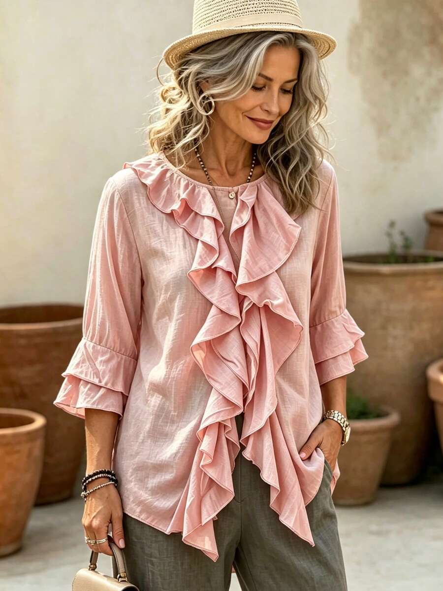 Women's Spring/Summer Casual Solid Color Double Ruffle Hem Button Pocket Blouse, Retro Style, Comfortable & Breathable, Loose & Fashionable Solid Color Ruffle Decor Blouse