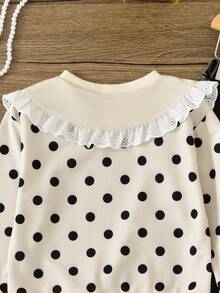 Vihyde Young Girls Sweet Polka Dot Bow Lace Peter Pan Collar Sweatshirt & Flare Jeans 2 Pieces Outfit Set - Apricot - View 7