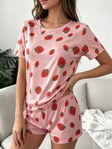 2pcs Strawberry Print T-Shirt Pajama Set, Cute Fruit Print Loungewear For Summer, Suitable For Home Wear - Watermelon Pink - View 5