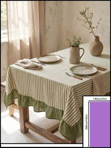 1pc Beige With Green Fine Stripes And Olive Green Ruffle Edge Tablecloth, Fresh Natural Style Fabric, Rectangular Olive Green Ruffle Edge Patchwork Detail Decorative Functional Dining Tablecloth Suitable For Daily Home Dining And Fresh Home Decor Scenes - Green - View 12