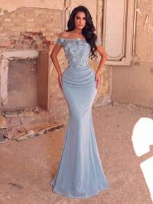 Elegant Women's Off-Shoulder Long Chiffon Dress, Decorated With Floral Sequins Party Wedding Fall - Baby Blue - View 4