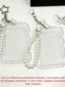 Transparent Wavy Edge Card Holder Keychain With Pearl Chain And Star Clasp, Durable And Fashionable, Designed For Women, Playful And Practical Plastic Structure, Campus Essential, Beautiful Design, Can Store ID Card, Bank Card, Bus Card And Keys, Campus Commute Essential Document Protector, Student Campus Commute Essential, Practical And Fashionable - Multicolor - View 8