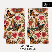 2PCS Kitchen Towels Bohemian Floral Bird Print Microfiber Absorbent Kitchen Towels, 40*60cm Rectangular Dish Cloth, Tablecloth, Hand Towel, Kitchen Decor, Housewarming Gift For Neighbors, Kitchen Napkins And Dish Cloth, Home Decor, Kitchen Bathroom Supplies Home Essentials - Multicolor - View 3