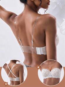 1pc Strapless Push-Up Lace Thickened Convertible Multi-Way Underwire Bra, Can Increase 1 Cup Size, Multiple Wearing Styles - Apricot - View 5