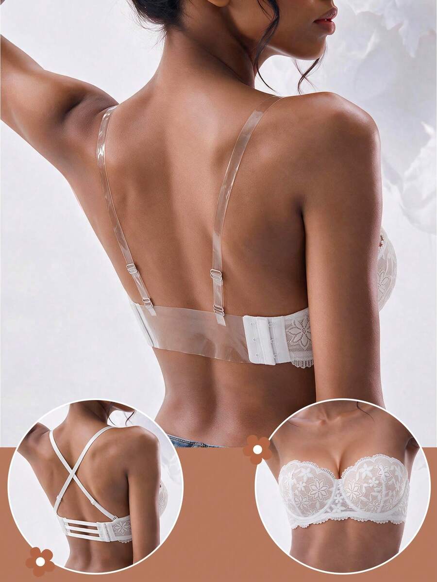 1pc Strapless Push-Up Lace Thickened Convertible Multi-Way Underwire Bra, Can Increase 1 Cup Size, Multiple Wearing Styles