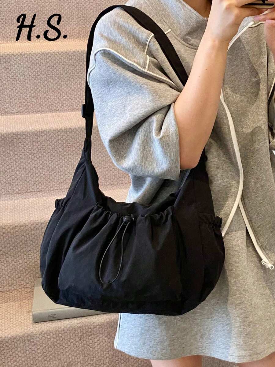 Solid Color Casual Shoulder Bag For Women, Foldable, Adjustable Strap, Suitable For Daily Use, School, College, Simple & Cute, Pleated, Multi-Pocket, Drawstring Front Pocket, Plaid Fabric Bag