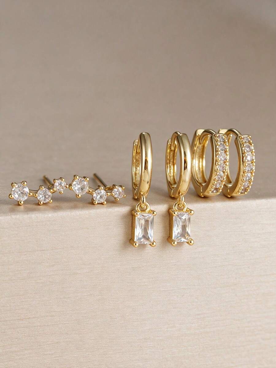 CHICAT 6pcs/Set Gold Earrings Set, Women's Stackable Earrings, Niche Design Crystal Pendant Hoop & Stud Earrings Combination, High-End Zirconia Earrings, European & American Minimalist Versatile Jewelry Gift, Suitable For Daily Wear - Gold - View 1