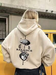 Women's Drawstring Pocket Sweatshirt, Leopard Print Bird & Letter Graphic Print On Chest, Soft Fabric, Loose Fit Casual Sweatshirt For Autumn/Winter - Apricot - View 7