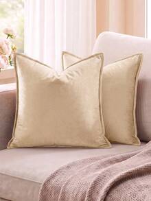 2pcs Nordic Minimalist Solid Color Falbala Plush Throw Pillow Covers (Pillow Inserts Not Included), Square Cushion Covers, Holiday Home Decor Pillows, Soft Comfortable Linen-Like Fabric, Modern Sofa, Home Bedroom Dorm Use - Khaki - View 2